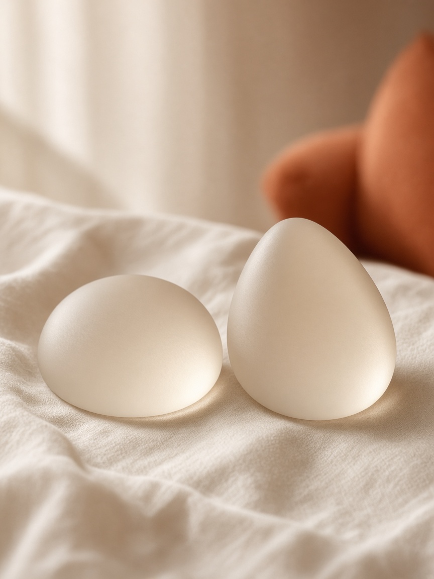 A round implant beside a teardrop implant on linen